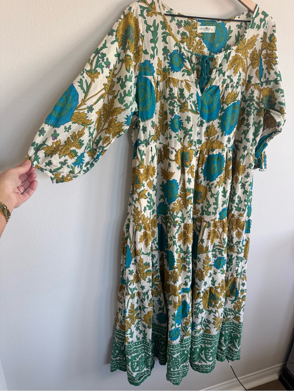NATURAL LIFE Floral Tiered Midi Dress 100% Cotton Lined Boho Tassel Tie Large - Picture 4 of 11